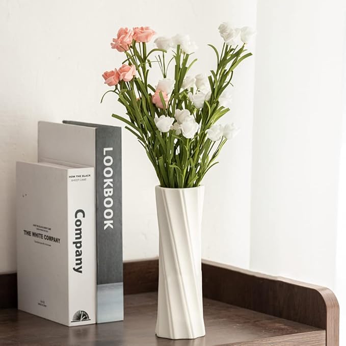 White Ceramic Vase, 8.4" H, Artistic Flower Vase Classic Style for Fireplace Bedroom Kitchen Living Room Centerpieces Office Desk, Fit for Holding Dried Flowers, Fresh Flowers, Artificial Flowers