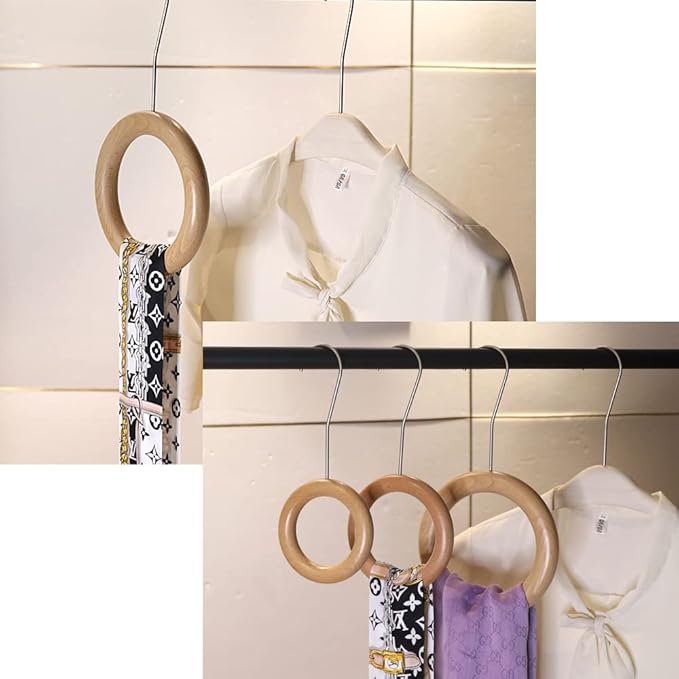 2 Pcs Natural Wood Scarf Hanger Ring Holder with Gold Hook Organiser Storage Hanger for Shop Display Wardrobe Closet Scarves Shawl Tie Belt Towel Necklace Jewellery Accessory Rack
