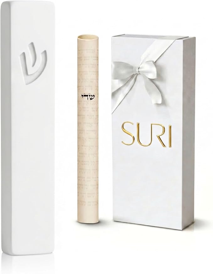 Mezuzah SURI for Door – 5 Inch White Concrete Mezuzah Case with Printed Scroll, Self-Stick Jewish Entry Design, Fits a 4 Inch Scroll, Gift Box Included
