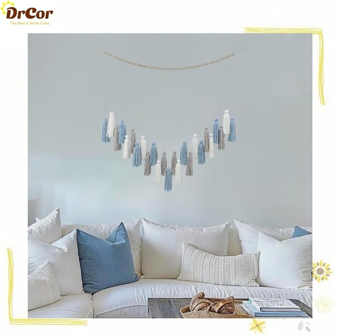 DrCor Dusty Blue Boho Macrame Garland – Serene Wall Hanging for Living Room, Bedroom or Reading Corner, Dorm Room or Study Decor, Coastal Boho Mantel or Entryway Decoration