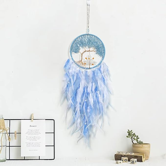 Pretty Jolly Double Tree of Life Dream Catcher Wall Decor with Healing Crystal Stone Handmade Cyan Blue White Feather Dream Catchers Decoration Wall Hanging Bedroom Room Wedding Party Wish Gift-25.6"