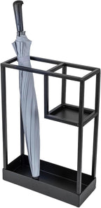 MyGift Modern Black Metal Entryway Umbrella Rack with Geometric Design, 13 x 5-inch Wide Rectangular Freestanding Cane Umbrella Holder with Shelf for Small Umbrellas and Bottom Drip Catch Tray