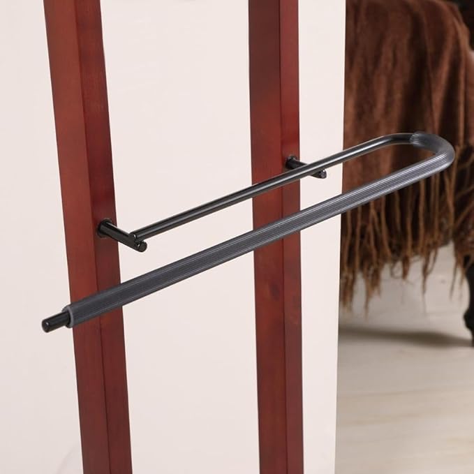 Wooden Suit Valet Stand with Contour Hanger Trouser Bar and Accessory Tray Elegant Wardrobe Organizer for Men Bedroom Closet and Office Mahogany Finish