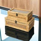 DECOR4SEASON Rattan and Cane Stacking Boxes with Glass Top Lid - Set of 2 for Boho, and Rustic Farmhouse Decor