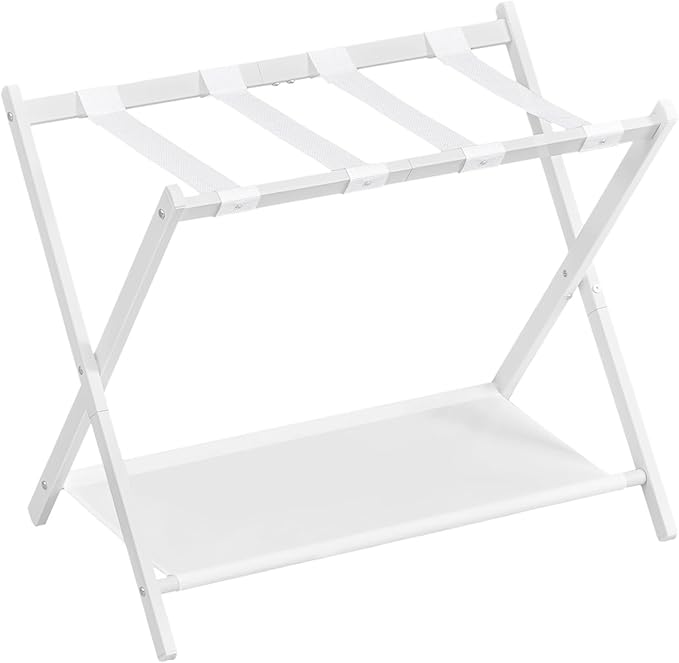 SONGMICS Luggage Rack for Guest Room, Suitcase Stand with Storage Shelf, Steel Frame, Foldable for Easy Storage, Hotel, Bedroom, Cloud White URLR003W01