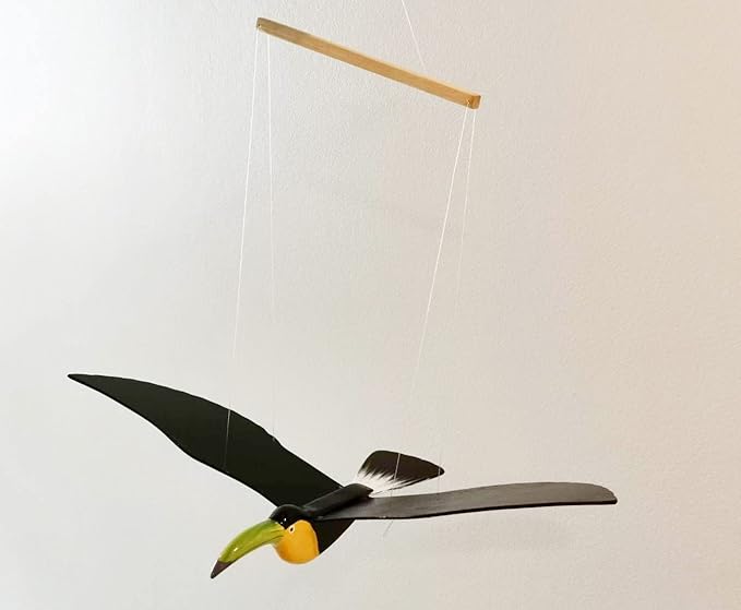 WitnyStore 24" Black Green Yellow Toucan Wooden Flying Bird Mobile Kinetic Hanging Sculpture for Adult Collectors Handcrafted Room Decoration Display Art Dynamic Overhead Ornament