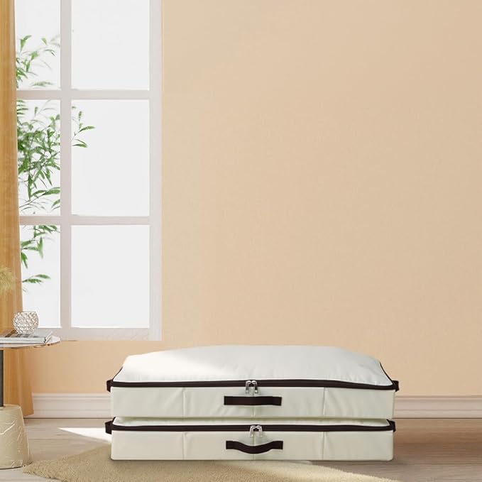 AMJ 4" Foldable Underbed Storage Closet Organizers and storage bins, Under Bed Garment Storage Bins, Folding & Washable, Soft Zip Lid, Beige