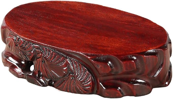 GOLDY&WENDY Vintage Chinese Wooden Small Oval Display Stand Handmade Carved Vase Fishbowl Stone Buddha Statue Ornament Pedestal