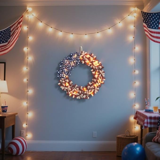 Patriotic Wreath 18 Inch American Flag Wreath for Front Door, Burlap Red White and Blue Decor with Stars Stripes and Timer-Equipped Light Strip for 4th of July Memorial Day Veterans Day