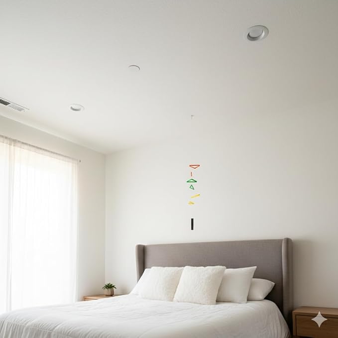 Tri-Tone Harmony Mobile: A Vibrant Orange, Green, and Yellow Hanging Décor with Six Dynamic Triangles