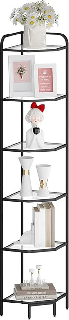 Hzuaneri Corner Shelf Stand, 6-Tier Glass Bookshelf Bookcase, Bathroom Organizer, Plant Stand, Steel Frame, Tempered Glass, Modern Style for Living Room, Bathroom, Kitchen, Black CS90600B