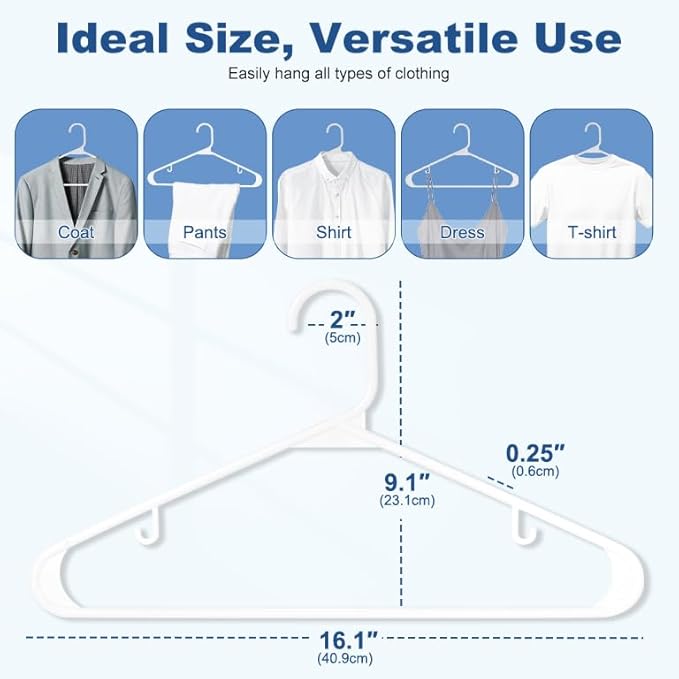 HOUSE DAY White Plastic Hangers 100 Pack, Plastic Clothes Hangers with Built-in Hooks, Durable and Strong Coat Hangers for Closet, Space Saving Clothing Hanger for Shirts, Coats, Skirt, Dress