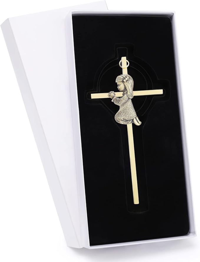 DCCXN Baby Wall Cross Baptism Gifts for Girls, 6 Inch Gold Praying Baby Girl Crosses for First Holy Communion, Christening, Baptismal Cross Decor-Gold Girl Crosses