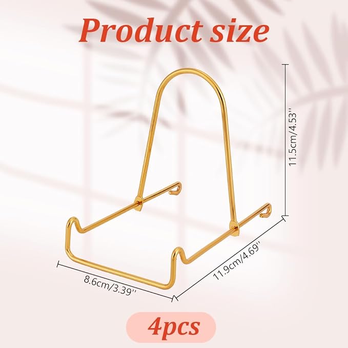 4 Packs Iron Display Stand Ornaments Display Dish Holder Bowl Deep Platter Rack Decorative Plates Easel Tabletop Showcase Stands Gold Iron Easels for Display Pictures, Book