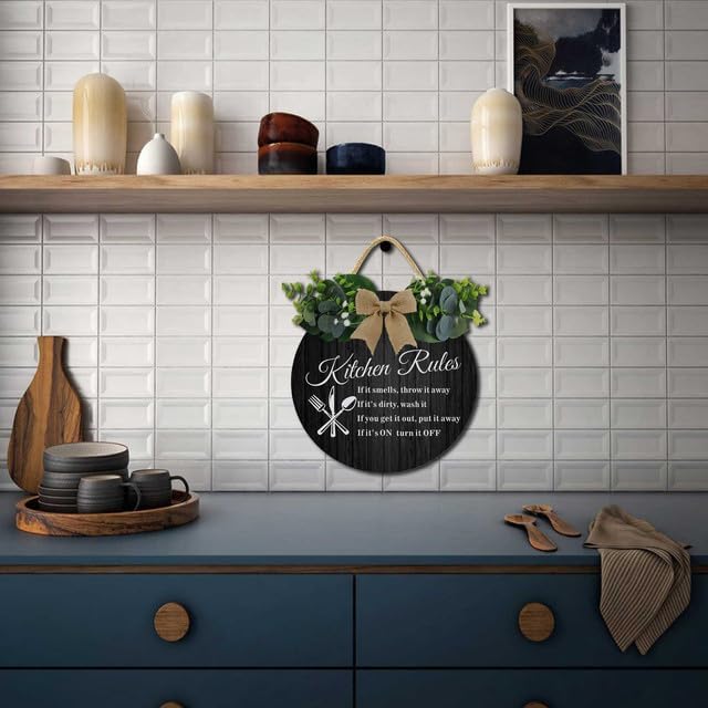 Retro Kitchen Decor,Kitchen Rules Rustic Round Wooden Sign,For Home, Office, Store Or Restaurant