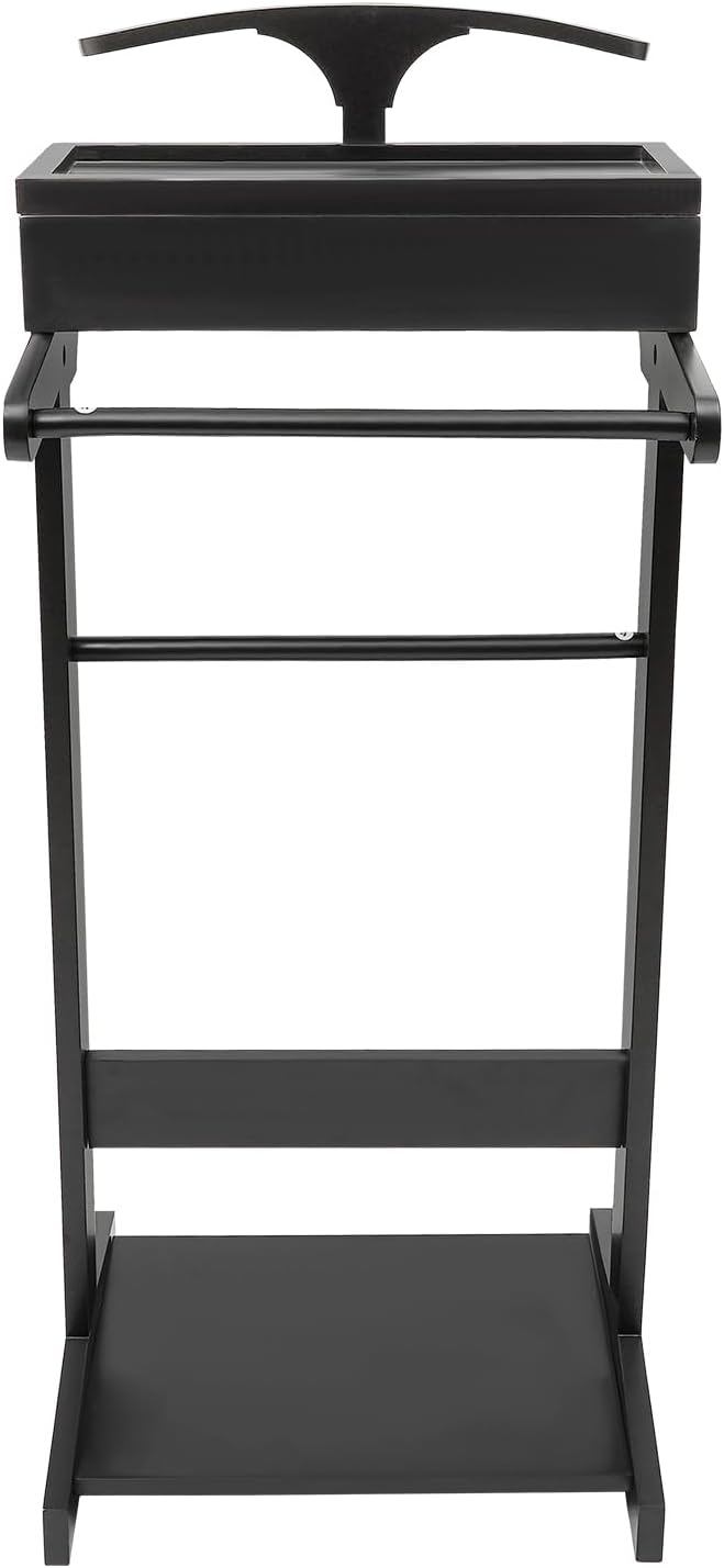 Wood Suit Rack for Men and Women, Freestanding Clothing Valet Stand with Drawer, Shoe Shelf & Hanging Suit, Valet Stands Coat Rack Suit Valet for Entryway Office Living Room (Black)