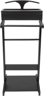 Clothes Valet Stand Holder for Men, Wood Suit Valet Stand with Top Tray, Clothing Rack with Shoe Shelf and Suit Trouser Bar for Entrance Hall and Bedroom