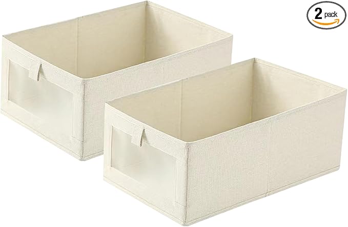 Cotton Linen Drawer Organizer Bins Set of 2 - No Lid Clothes Storage Drawers, Fabric Foldable Stackable Organizers for Closet Bedroom Dorm Underbed Storage