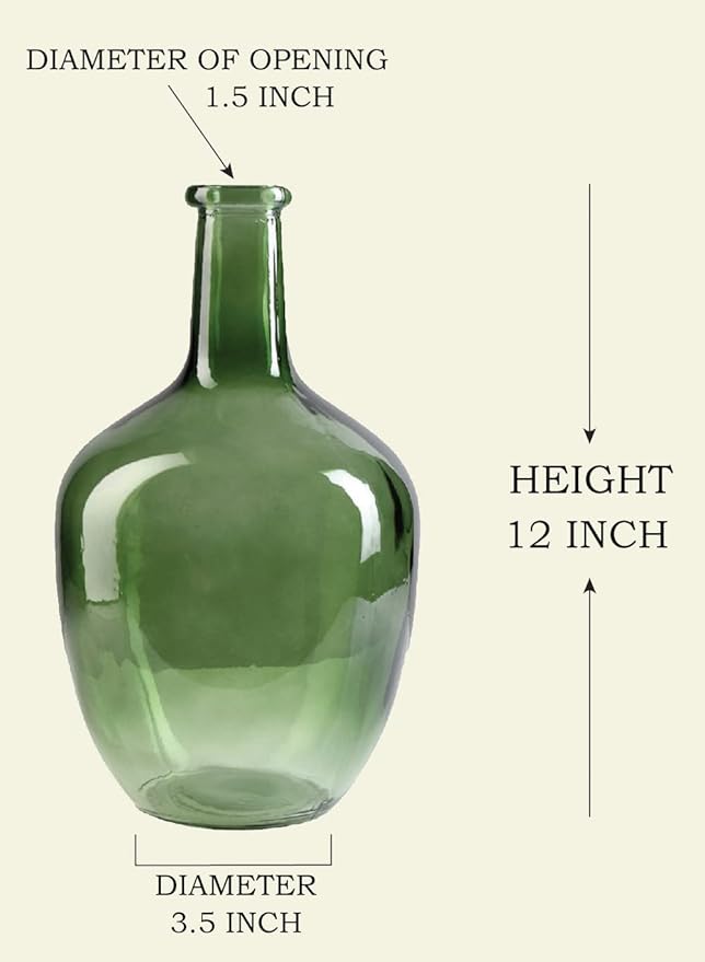 Serene Spaces Living Olive Green Bottleneck Glass Vase - Elegant Vintage Floor Vase for Long-Stemmed Floral Arrangements, 7.48" Diameter & 12" Tall (Pack of 1)
