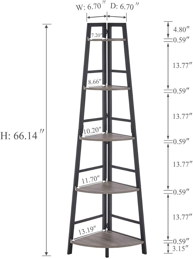 BON AUGURE Rustic Tall Corner Bookshelf, 5 Tier Wood and Black Metal Corner Ladder Shelf, Industrial Corner Bookcase and Gray Corner Shelf for Living Room, Bathroom, Kitchen (Dark Gray Oak)