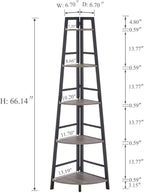 BON AUGURE Rustic Tall Corner Bookshelf, 5 Tier Wood and Black Metal Corner Ladder Shelf, Industrial Corner Bookcase and Gray Corner Shelf for Living Room, Bathroom, Kitchen (Dark Gray Oak)