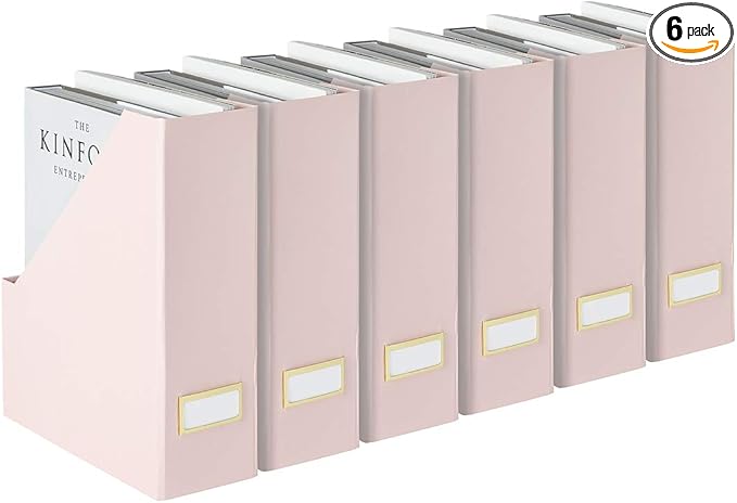 BLU MONACO | Cardboard Magazine File Holder Set of 6 Pink | Vertical Magazine File Holder with Gold Label Slots | Standing File Holder and Cardboard Bins for Shelves Desk Storage