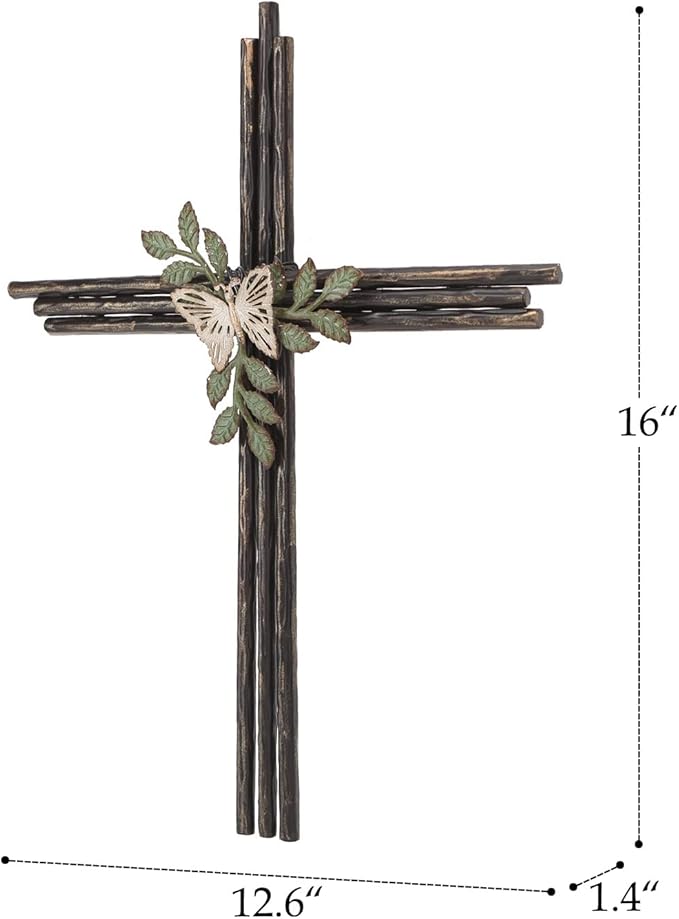 Synovana Wall Cross, Rustic Metal Cross Wall Decor with Butterfly & Leaves, Inspirational Christian Wall Crosses for Home Decor, Crucifix Gift