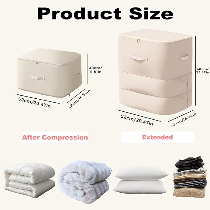 Ultra Space Saving Self Compression Organizer, 3-Layer Zipper Large Capacity Storage Bag, Thick Satin Fabric Heavy Duty Bags for Comforters Blankets Bedding Duvet (Beige, X-Large, 2PCS)