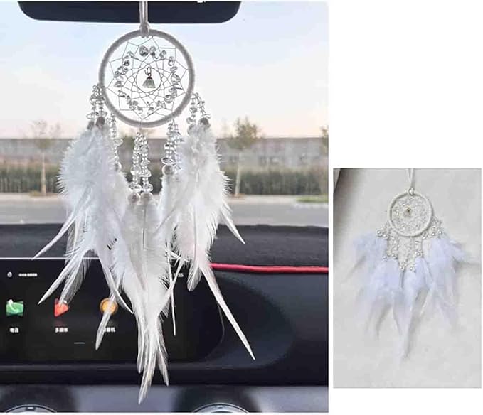 Car Dream Catcher, Rearview Mirror Accessory, Lucky Ornament, White