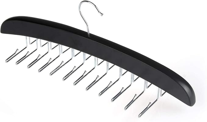 Wooden Tie Hanger,24 Tie Organizer Rack Hanger Holder Hook (Black, 24 Hooks)