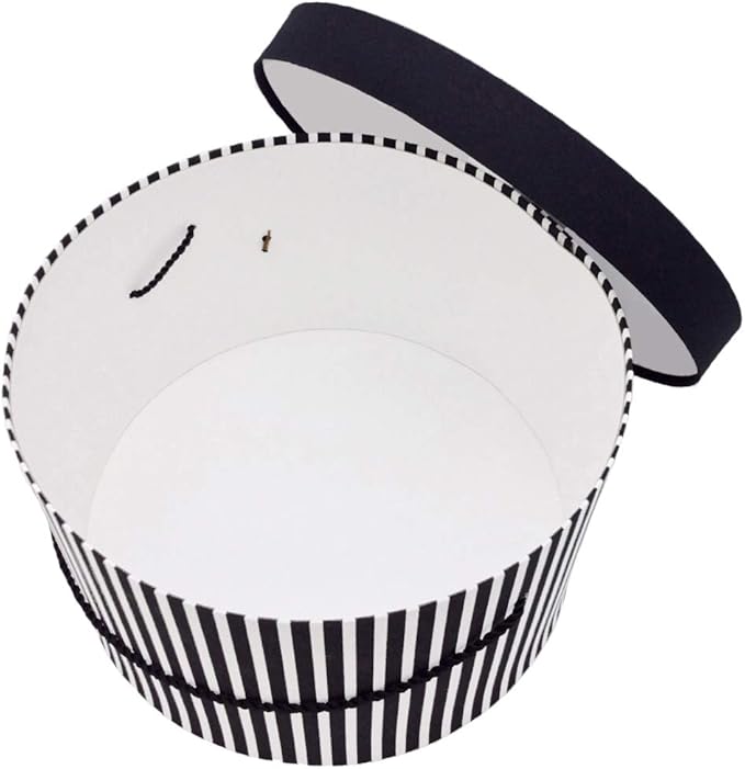 Sarah's Hat Boxes Classic Black/White Stripe Hat Box – 14.75" x 7.5" (Dia. x Ht.) Handmade in USA – Odorless Non-Toxic Adhesive, Cording Handle – Premium Storage for Hats & Accessories