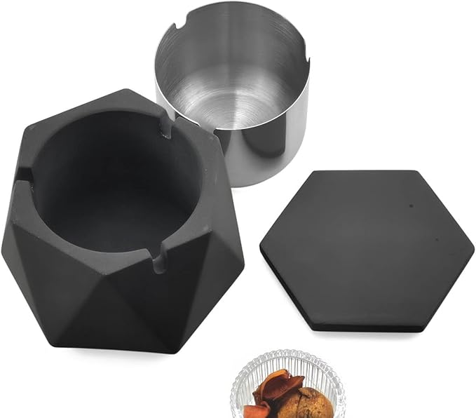 FREELOVE Concrete Ashtray with Lid & Stainless Steel Ashtrays for Cigarettes, Cement Ash Tray Smoking Holder Indoor Smokeless Outdoor Windproof Patio Home Office Cool Decor(Dark Grey, Large)