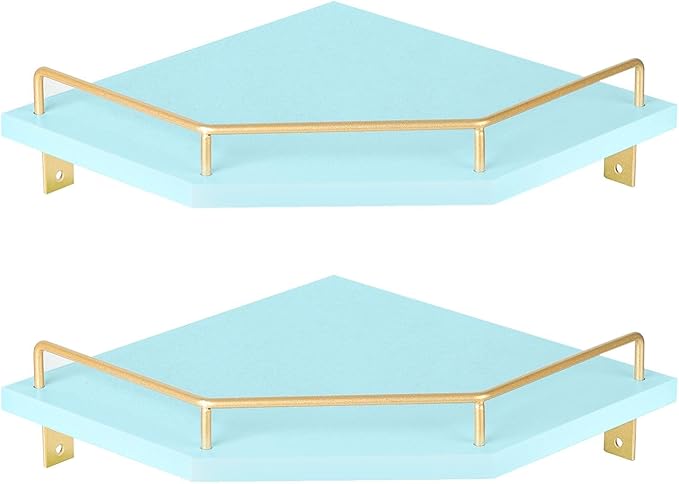 Tirzah Blue Wall Mount Corner Shelf with Gold Metal Guardrail, 2-Tier 9.5-inch Diamond-Shaped Wood Corner Floating Shelves for Home Decor Kitchen Organizer