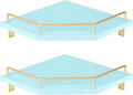 Tirzah Blue Wall Mount Corner Shelf with Gold Metal Guardrail, 2-Tier 9.5-inch Diamond-Shaped Wood Corner Floating Shelves for Home Decor Kitchen Organizer
