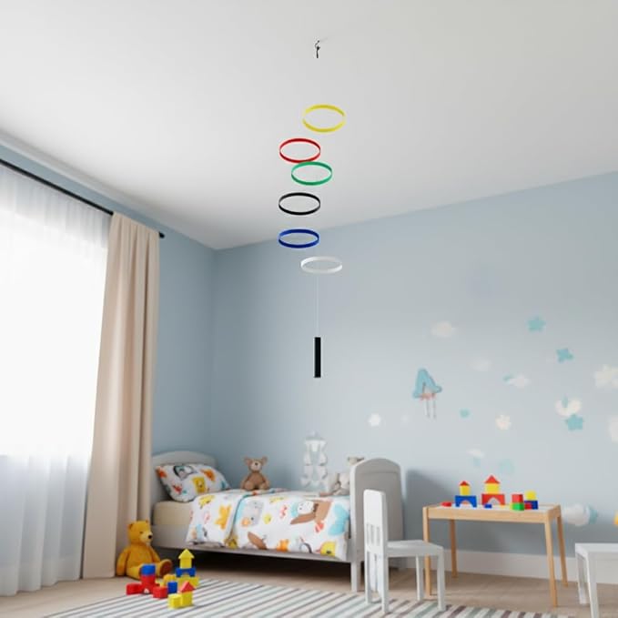 Colorful Hanging Mobile with 6 Multicolor Rings (5.5”) - Modern Decorative Art for Home or Office