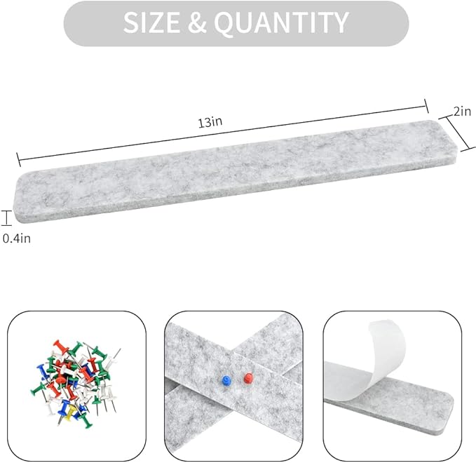 Vuzvuv 8Pcs Light Grey Cork Board Bar Strips with 50 Pushpins & Sticky Notes, Self-Adhesive Bulletin Board Strips No Damage for Wall, Felt Pin Board for Paste Notes, Photos, Schedules Office Decor