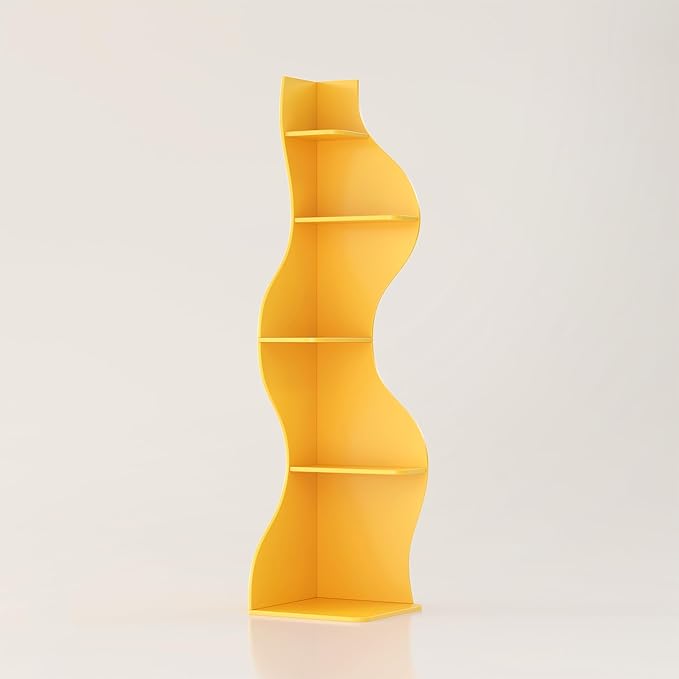 YOWOS Modern Corner Shelf, 5 Tier High Corner Bookshelf for Small Spaces, Scalloped Corner Bookshelf and Storage, Wooden Display Stand for Plants, Books and Decorations (Yellow)