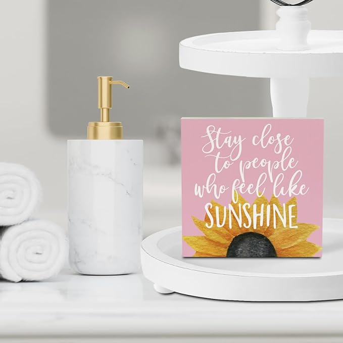 Sunflowers Pink Room Decor Sunflower Gifts for Women Spring Decor Pink Accessories Sunflower Wooden Box Sign for Home Office Desk Tabletop Shelf