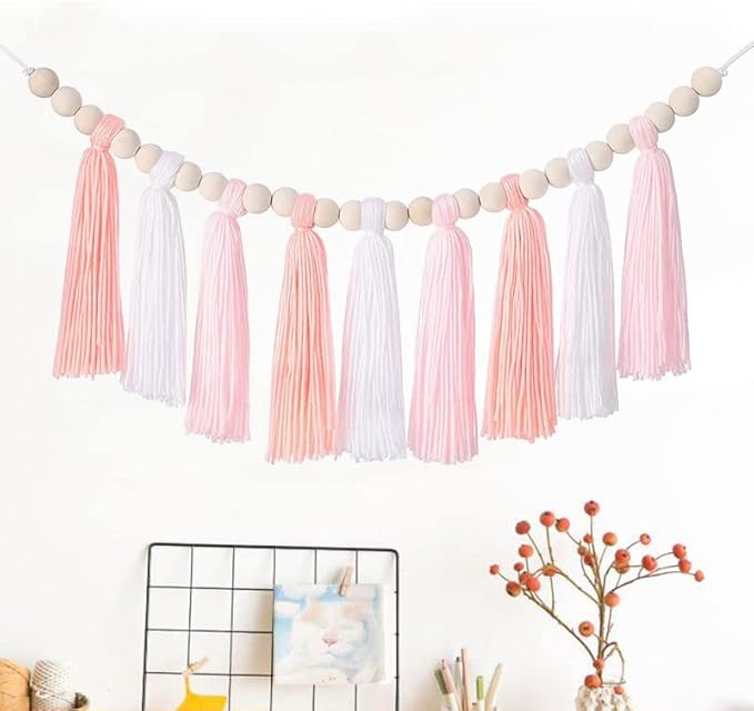 3PCS/Set Boho Tassel Garland,BetterJonny Boho Tassel Garland Wall Hanging Decor Pastel Banner with Wood Beads and 2Pcs Pom Pom Felt Ball for Home and Outdoor Decor