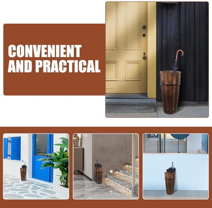 PRETYZOOM Wooden Umbrella Stand with Cane and Fan Storage Vintage Style Organizer for Entryway Natural Wood Design Capacity Space-Saving Home