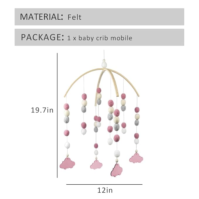 WAYUTO Neutral Handmade Felt Ball Ceiling Mobile - Pink Cloud Design