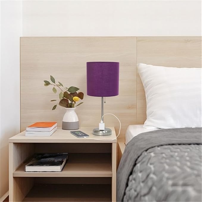 Oslo 19.5" Contemporary Bedside Power Outlet Base Standard Metal Table Desk Lamp in Brushed Steel with Purple Drum Fabric Shade