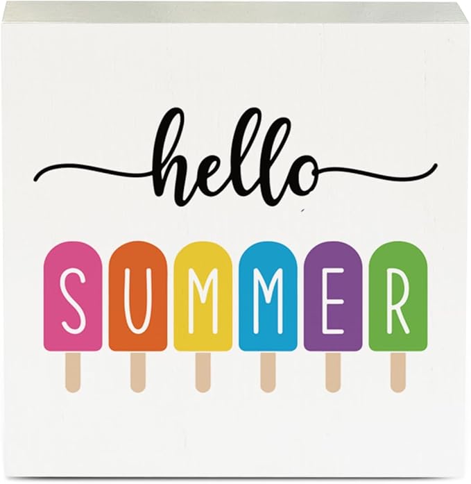 IYEZH Farmhouse Hello Summer Popsicles Wooden Box Sign Rustic Country Summer Box Sign Wood Sign Decor Summer Square Wood Sign Home Desk Tabletop Shelf Decor 5 x 5