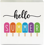 IYEZH Farmhouse Hello Summer Popsicles Wooden Box Sign Rustic Country Summer Box Sign Wood Sign Decor Summer Square Wood Sign Home Desk Tabletop Shelf Decor 5 x 5