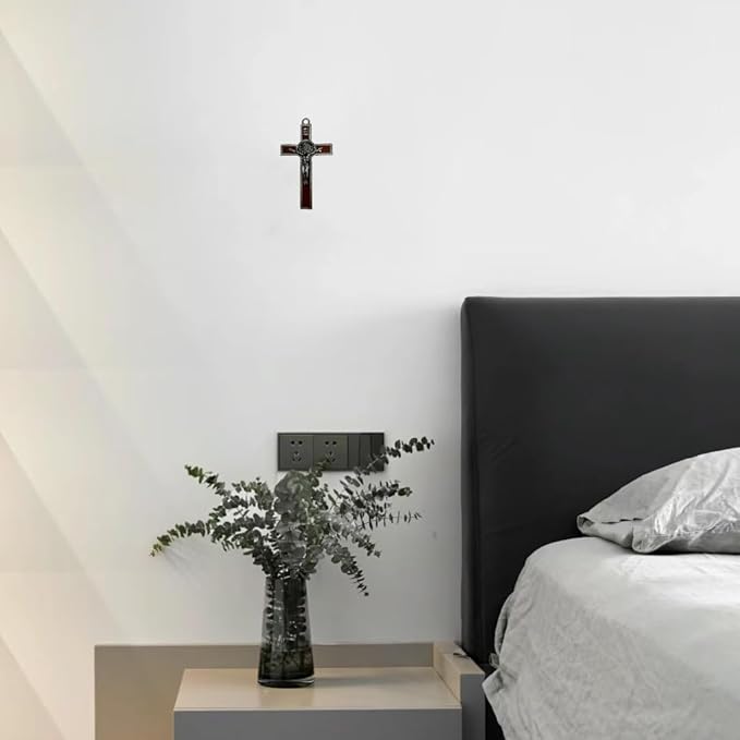 BONITTER Antique Silver Crucifix Wall Cross-St. Benedict Metal Wall Art-5.0 InchX2.7 Inch Black White Brown Enamel Give Blessing and The Spiritual Sacred:Faith Gift for your Acquaintances (Brown)
