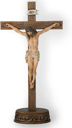 BC Catholic Crucifix Standing Cross, 15" H Jesus Christ Tabletop Home Decor, Religious Gift, Wood Carve Look, Realistic Color Finish, Renaissance Sculpture Hand Painted by Buildclassic