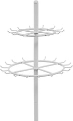 Belt Display Stand with 31 Hooks – White Steel Double-Tier Tie & Scarf Organizer, 66.1" Tall, Heavy Duty Rotating Rack for Belts, Ties, Scarves, Home, Closet, Boutique, Clothing Store