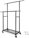 Fishat Stand Portable Black Double Rods Garment Rack with Rolling Clothes Organizer on Lockable Wheels Mobile, 48" W x 15" D x 67" H, Metal Simple Hanging Clothes with 2 Hook