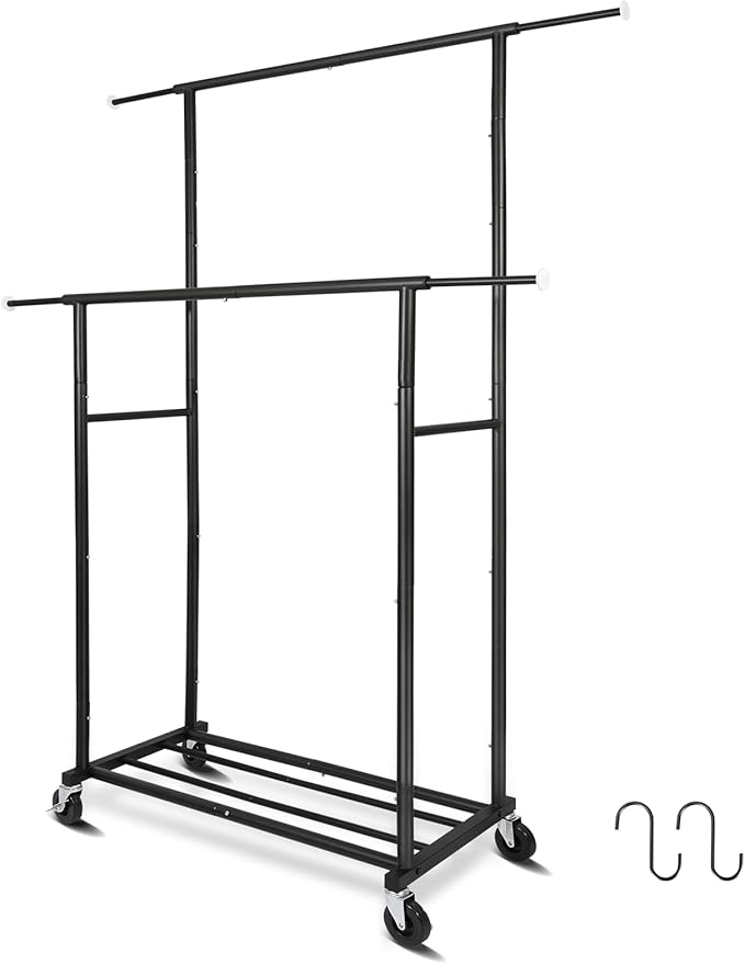 Fishat Stand Portable Black Double Rods Garment Rack with Rolling Clothes Organizer on Lockable Wheels Mobile, 48" W x 15" D x 67" H, Metal Simple Hanging Clothes with 2 Hook