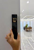 A&S Mezuzot Quartz Mezuzah Case with Engraved Shin Design Easy Peel and Stick Judaica Door Mezuza (Black + GOLD, 8 Inches)